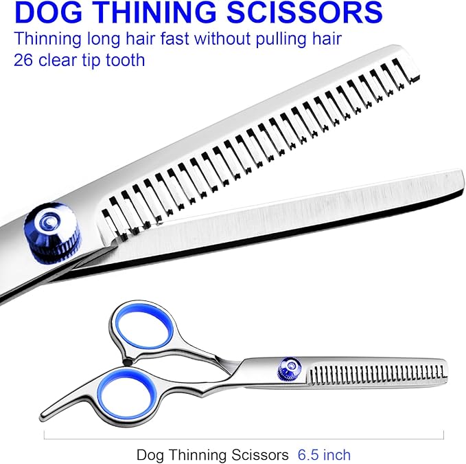 Professional Dog Grooming Scissors Kit, Titanium Coated Dog Scissors for Grooming, Grooming Shears Kit - Straight,Thinning, Curved Scissors and Comb for Dog Cat Pet (Blue 5 in 1)-Mewly Pet