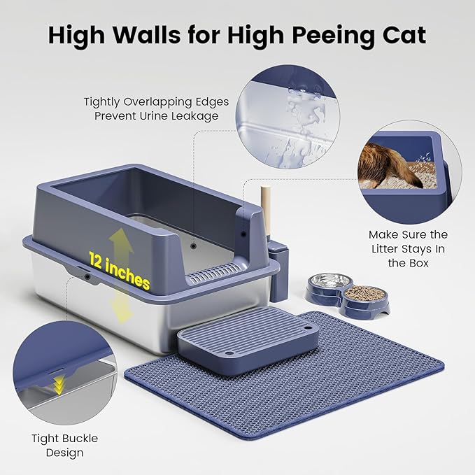 Stainless Steel Cat Litter Box - Enclosed XL Metal Kitty Litter Box with Lid for Big Cats, High Sided, Anti-Leakage, Easy Cleaning, Non-Sticky, Included Litter Mat, Cat Bowl & Spoon-Mewly Pet