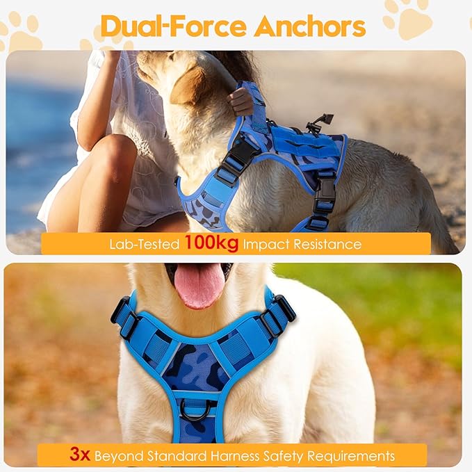 Heavy-Duty Tactical Dog Harness for Large Dogs, No Pull Adjustable Reflective Pet Vest with Molle System, K9 Military-Grade Control for Service Training, Outdoor & 10+ Breeds, Blue Camo, Small-Mewly Pet