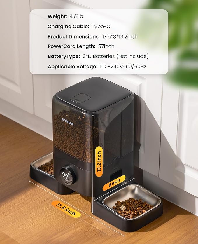 oneisall Wireless WiFi Automatic Cat Feeders 2 Cat, Rechargeable 100-Day Battery Operated Timed Cats Feeder, 20 Cups/5L Cats Food Dispenser Automatic for Large Kibble, Smart App Control.-Mewly Pet