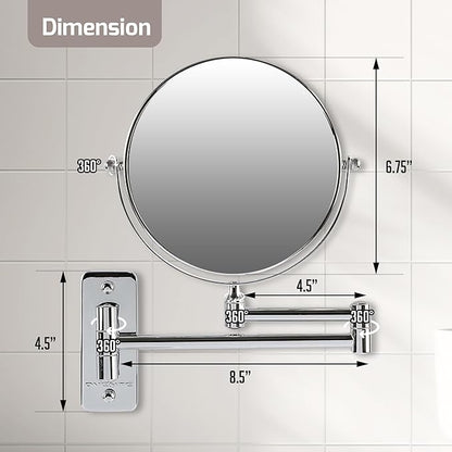 OVENTE 7" Wall Mounted Makeup Mirror with 1X/10X Magnification, Double Sided Magnifying Round Bathroom Vanity Mirror, 360° Swivel Design, Extendable and Folding Arm, Polished Chrome MNLFW70CH1X10X