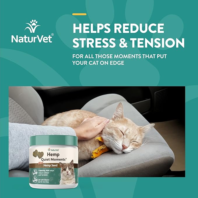 NaturVet Hemp Quiet Moments Plus Hemp Seed for Cats, 60 ct Soft Chews, Made in USANaturVet Quiet Moments Herbal Calming Spray, 8 Ounce- Feline-Mewly Pet