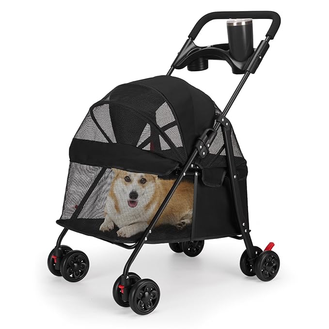 Foldable Pet Stroller for Small/Medium Pets up to 22 lbs - Lightweight 4-Wheel Design with Sun Canopy, Storage Bag & Breathable Mesh-Mewly Pet