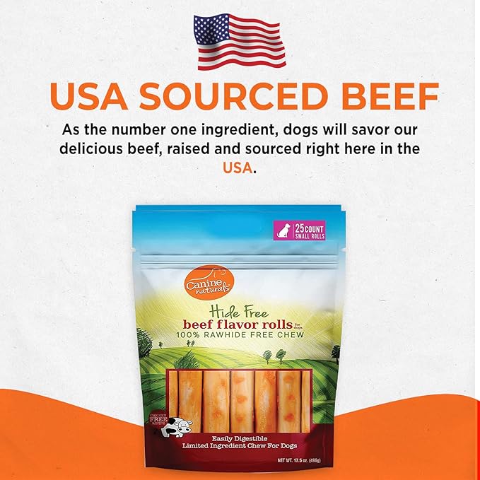 Canine Naturals Beef Chew - Rawhide Free Dog Treats - Made with Real Beef - Poultry Free Recipe - All-Natural and Easily Digestible - 5 Pack of 7 Inch Large Rolls for Dogs 50-75lb-Mewly Pet