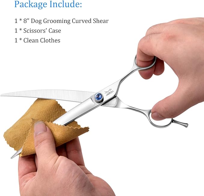 JASON 8" Curved Dog Grooming Scissors Ergonomic Pets Cats Trimming Shears with Offset Handle and a Jewelled Screw for Right Handed Groomers Long Sharp Comfortable-Mewly Pet