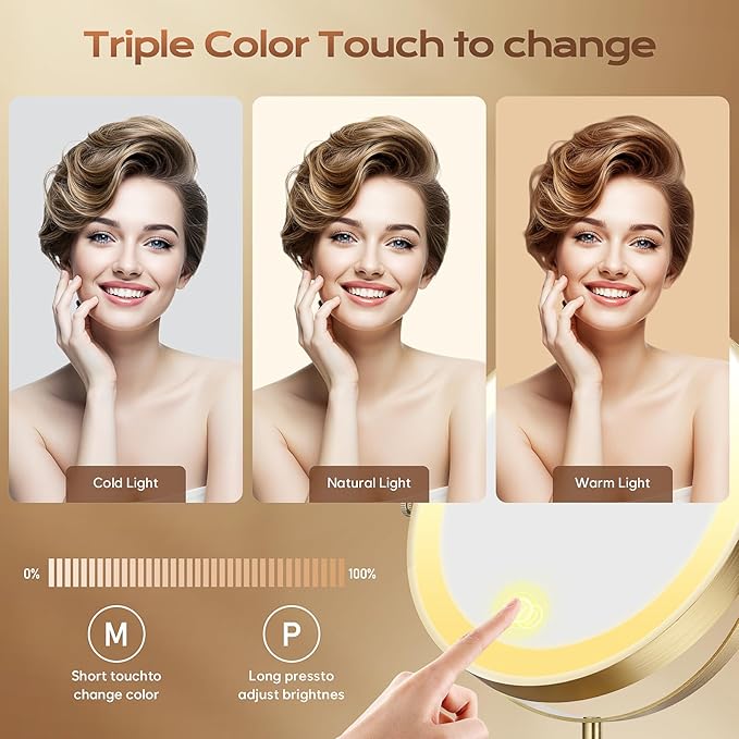 Lighted Makeup Mirror, 5000 mAh Rechargeable Double Sided Magnifying Vanity Mirror with 3 Colors, 1x/20x, 360° Rotation , Brightness Adjustable lighted mirror with magnification, Antique Bronze