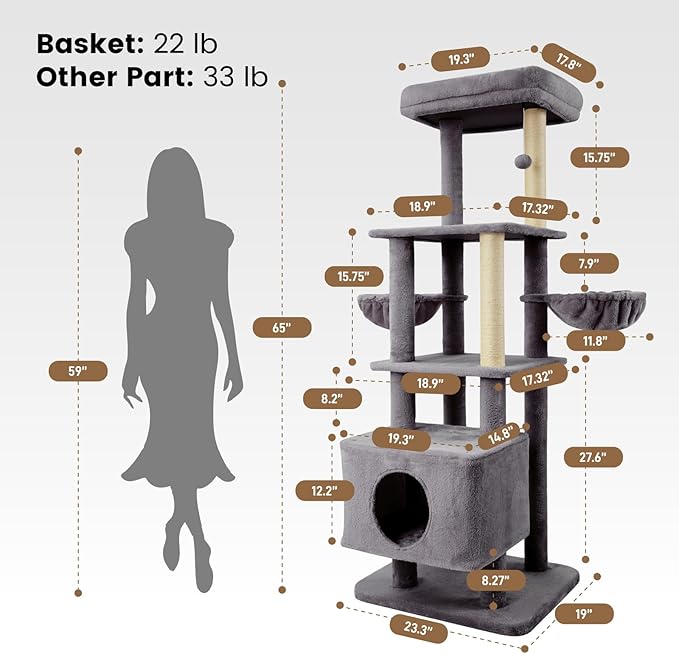 Gardner Pet 65in Heavy Duty Cat Tree Tower for Large Cats, Multi-Level Cat Furniture with Replaceable Sisal Scratching Post, Hammock | Extra-Large Platform & Condo (Grey)-Mewly Pet