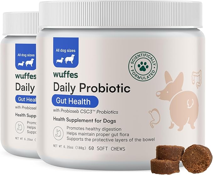 Wuffes Daily Probiotic for Dogs - Supports Digestive Health, Gut Balance, and Immune System - with Prebiotics, Marshmallow Root, and Pumpkin Powder (120 Chews (Pack of 2))-Mewly Pet