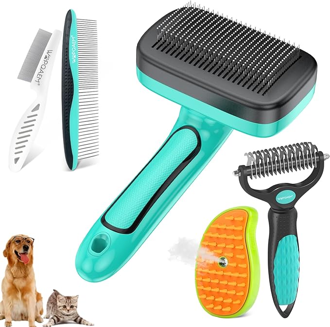 Dog Brush for Shedding Short Long Haired Cats, 5 in 1 Pet Grooming Kit for Small Medium & Large Animals. Removes Loose Fur, Mats, Tangled. Easy Cleaning. Undercoat Rake + Steam Brush Included-Mewly Pet