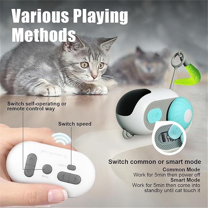 1pc Interactive Automatic Remote Control Cat Mice Car Toy and 1pc Smart Electric Moving Speedy Cat Ball Toy with Feather Tail, Suitable for Dogs, Keep Busy, Stimulating, Rechargeable (Blue)-Mewly Pet