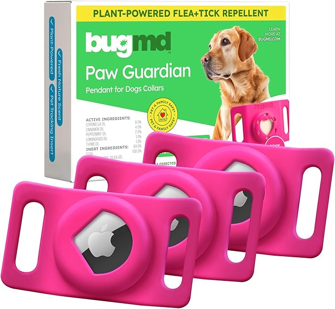 BugMD Paw Guardian Flea & Tick Pendant (3-Pack) with AirTag Holder – Plant-Based Flea & Tick Prevention for Dogs – Pet Collar Tag & GPS Tracker Holder for Dogs – Pink-Mewly Pet