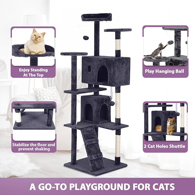 70 Inches Cat Tower for Indoor Cats, Multi-Level Cat Condos with Scratching Posts, Hanging Toys, Ashy-Mewly Pet