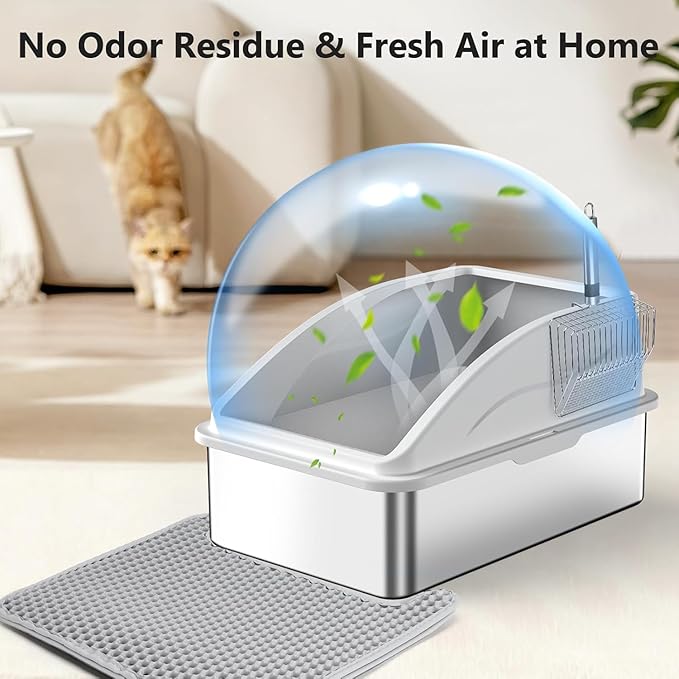 Stainless Steel Litter Box, Extra Large Litter Boxes for Big Cats, XL Metal Cat Litter Box with Lid, Anti-Urine Leakage, Non-Sticky, Include Cat Mat and Litter Scoop-Mewly Pet