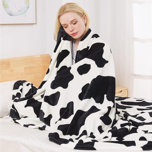 Fleece Cow Print Blanket - Premium Lightweight Anti-Static Bed Cow Throws Soft Cozy Warm Blankets Plush Gift, Bedroom Decor 66" x 90"(Black Cow Twin)