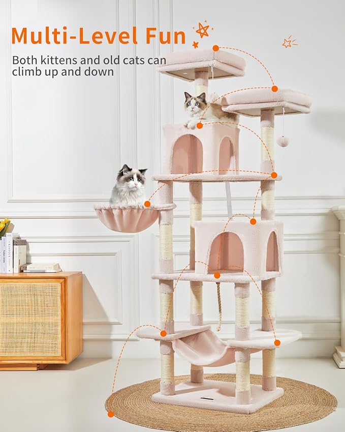 TaoqimiaoCat Tree Cat Tower for Indoor Cats, Plush Multi-Level Cat Condo with 12 Scratching Posts, 2 Perches, 2 Caves, Hammock, 2 Pompoms Jelly Pink-Mewly Pet