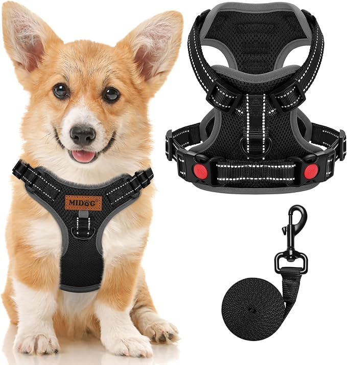 MIDOG No-Pull Dog Harness | Adjustable & Reflective Pet Harness Leash Set for Small Medium Large Dogs Walking, Training| No Choke, Front Clip, Soft Padded Vest with Easy Control Handle - Black, S-Mewly Pet