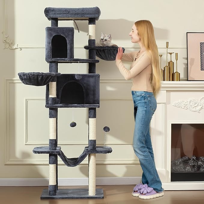 70-Inch Cat Tree,Large Cat Tree Tower with Hammock, Scratching Post, Condo and Multi-Level Cat Tower for Large Cats, Cat Activity Center Playhouse, Dark Gray LCT016-Mewly Pet