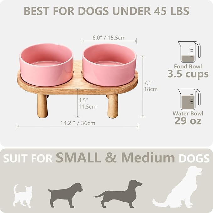 Ceramic Elevated Dog Bowls, Pet Food and Water Bowl Set for Medium and Small Dogs, 3.5 Cups Dog Bowls Raised with Wood Stand, 29OZ, Pink-Mewly Pet
