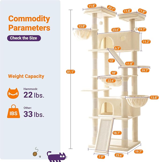 Allewie 81 Inches Tall Cat Tree/Multi-Level Large Climbing Tree House and Towers for Big Feline/Condo and Hammock/Scratching Post/Wide Base/Beige-Mewly Pet