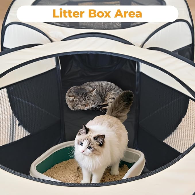 EighteenTek 2-in-1 Pop Up Cat Playpen, Assembly-Free Dog Puppy Pet Playpen, Indoor Outdoor Cats Enclosed, Cat Tent House Crate Cage, Portable & Foldable Playpen for Kittens(No Divider, Unified Space)-Mewly Pet