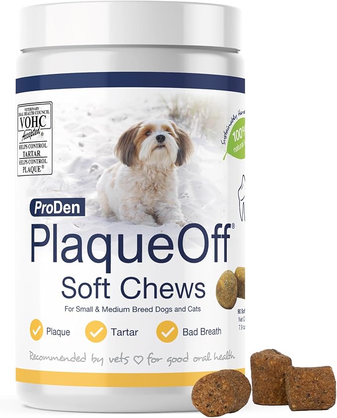 ProDen PlaqueOff Soft Chews with Natural Kelp - for Small & Medium Breed Dogs & Cats - Supports Normal, Healthy Teeth, Gums, and Breath Odor in Dogs & Cats - 90 Soft Chews-Mewly Pet
