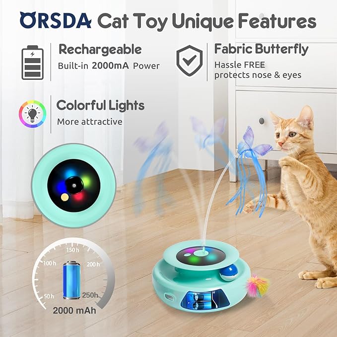 ORSDA Cat Toy, 3-in-1 Automatic Interactive Electronic Moving Ambush Feather, Fluttering Butterfly, Track Balls, USB Rechargeable Powered Smart Indoor Exercise Kicker-Mewly Pet