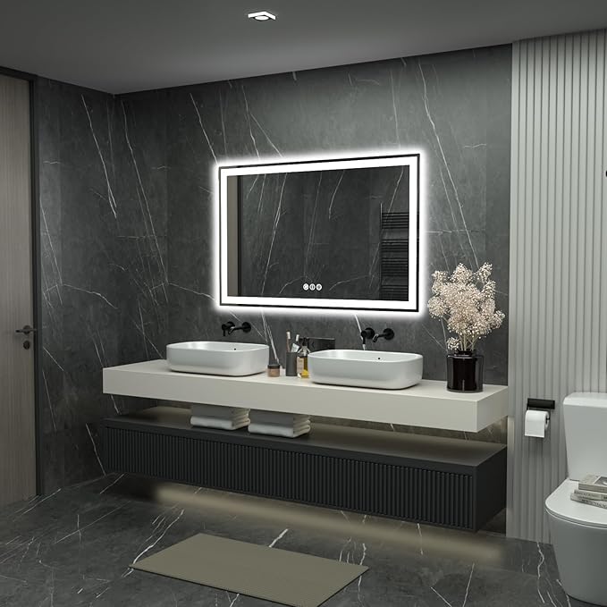 55"x 36" LED Bathroom Mirror with Lights, Double Lighting Sources Dimmable, Backlit + Front Lit, Anti-Fog, 3 Colors Lighted Bathroom Vanity Mirror for Wall Tempered Glass (Horizontal/Vertical)