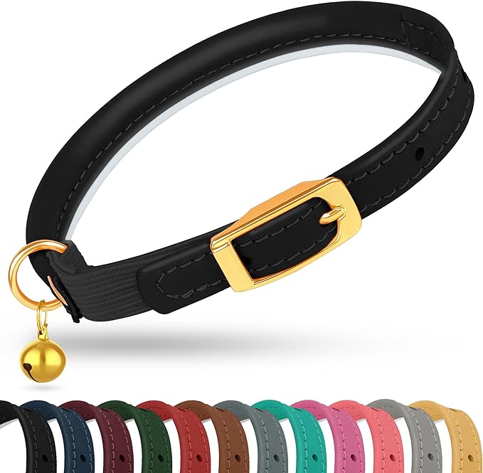 OOPSDOGGY Rolled Leather Cat Collar with Bell - Reflective Kitten Collar with Safety Elastic Strap - Adjustable Small Pet Collars for Boy Girl Cats (Black)-Mewly Pet