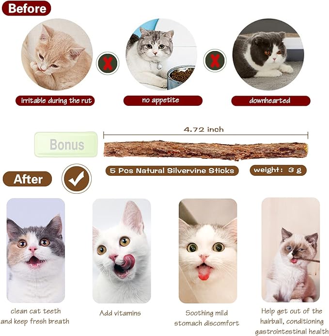 Natural Wood Cat Wand Toy with Ribbon Fish Teaser - 3pcs, 16 Inch, Indoor Cat Exerciser & Playing Kitten Toy, Bonus 5pcs Catnip Sticks for Teeth Cleaning-Mewly Pet