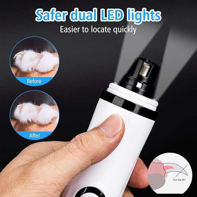 Pet Nail Grinder for Dogs and Cats - Super Quiet and Low Vibration Electric Dog Nail Grinder with 2 LED Lights - USB Rechargeable and Cordless - 3 Speeds - Small to Large Pets (White)-Mewly Pet