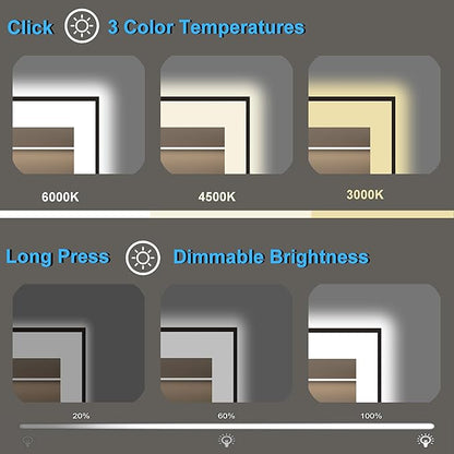 20 x 28 Inch LED Bathroom Mirror with Lights, Front & Back Lit Mirrors for Bathroom Wall Mount, Aluminum Black Frame Decor, Anti-Fog, Dimmable 3 Colors, Shatter-Proof Tempered Glass, Motion Sensor