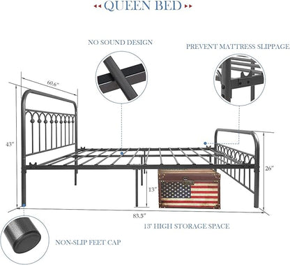YALAXON Vintage Sturdy Queen Size Metal Bed Frame with Headboard and Footboard Basic Bed Frame No Box Spring Needed (Queen, Gray Silver)