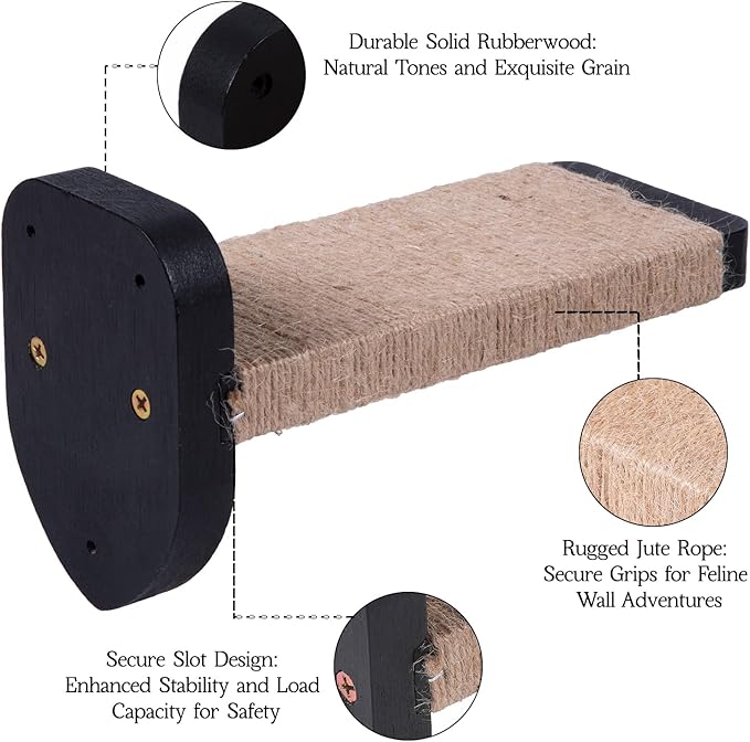 3pcs Wall Steps for Cats, Climbing Mounted Furniture, Shelves With Hemp Rope Covered, Solid Wood Ladder for Playing and Climbing (Large-Black)-Mewly Pet