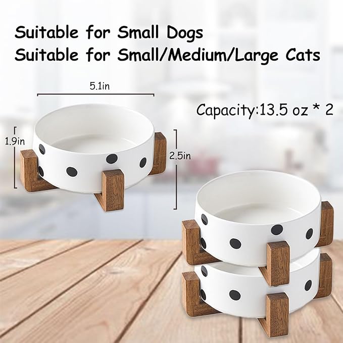 Petygooing Ceramic Dog Bowl Set with Stand, Small Pet Bowls, Anti-Slip Cat & Dog Food and Water Bowl Set (13.5OZ/5.1 in) Black Dot-Mewly Pet