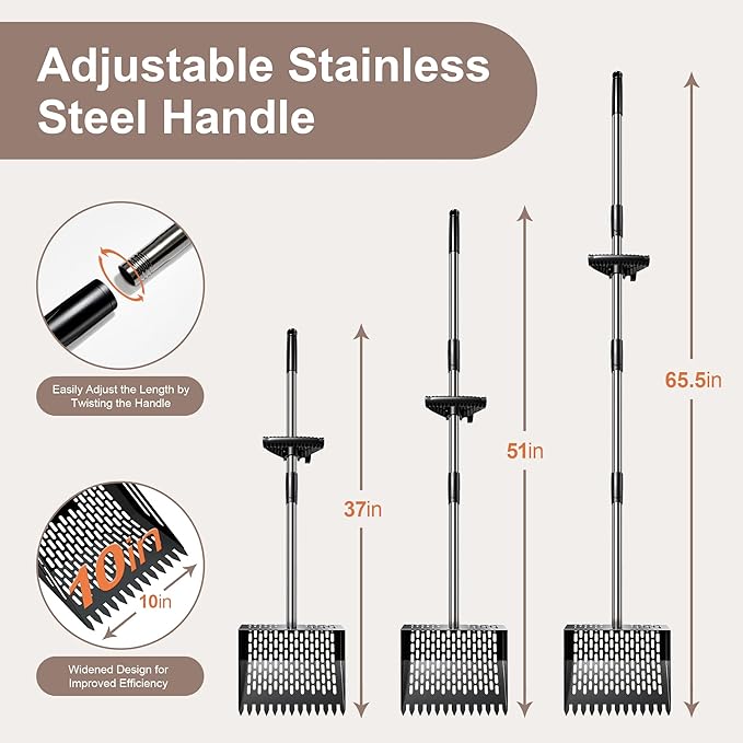 Chicken Poop Scooper - Metal Sifting Shovel & Rake 2-in-1 with Adjustable Stainless Steel Handle (37"-65"), Sand Shovel for Chicken Coops, Farm Animal Waste-Mewly Pet