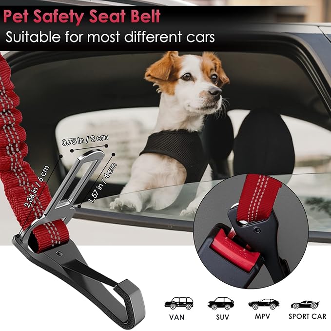 SlowTon 2 Pack Dog Seat Belt, 2 in 1 Attachment, Hook Latch Bar or Seatbelt Buckle with Elastic Nylon Bungee Buffer Adjustable Reflective Nylon Safety Belt Tether Connect to Dog Harness (2pack-R)-Mewly Pet