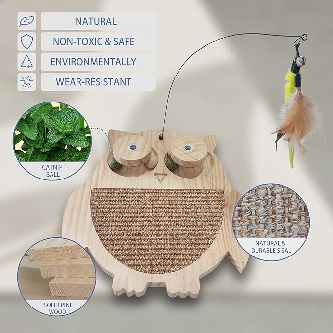 Petest Interactive Cat Toy Natural Sisal Cat Scratcher Toy with Catnip Balls, Owl Design-Mewly Pet