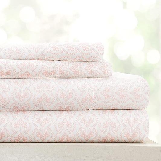 Linen Market Double-Brushed Patterned Microfiber California King Sheet Set 4 Piece – Oeko-TEX Certified Ultra Soft & Wrinkle-Free - 16" Deep Pocket Sheets Easy Care Cal-King Size - Classic in Pink