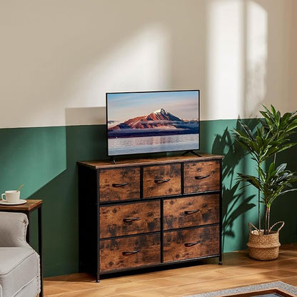 OLIXIS 7 Drawers Dresser for Bedroom, Fabric Storage Tower for Living Room, Entryway - Sturdy Steel Frame, Wooden Top & Easy Pull Fabric Bins, Closet Chests Organizer for Clothes, Classic Rust Brown