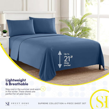 King Size Sheets - Breathable Luxury Bed Sheets with Full Elastic & Secure Corner Straps Built In - 1800 Supreme Collection Extra Soft Deep Pocket Bedding, Sheet Set, EXTRA DEEP pocket - King, Denim