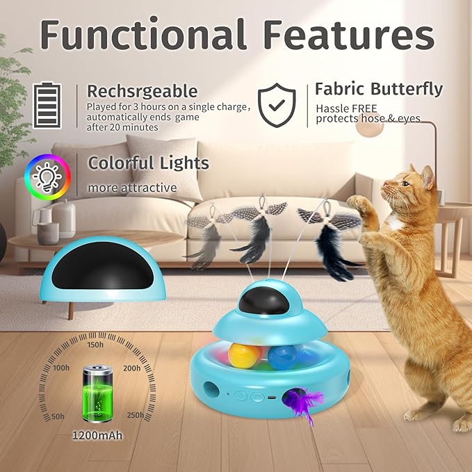Cat Toys,4-in-1 Automatic Kitten Toy for Bored Indoor Adult Cats,lectric Flying Butterfly,Whack a Mole,Feather Track Balls,Blue-Mewly Pet