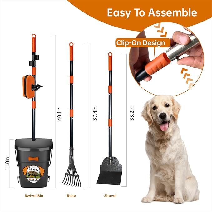 Dog Pooper Scooper with Bags & Dispenser - 37.4" Long Durable Metal Handle Swivel Bin & Rake & Spade Kit, Large Capacity Portable Pooper Scooper for Yards，Easy to Assemble-Mewly Pet