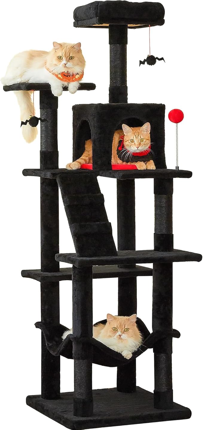 MWPO Gothic Cat Tree for Indoor Cats, 63.8 Inches Multi-Level Cat Tower with Sisal-Covered Scratching Posts, Padded Platform, Hammock, Dangling Toys, Stable Cat Condo Pet Play House, Black-Mewly Pet