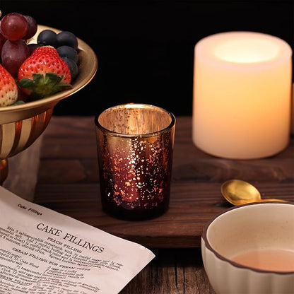 Volens Burgundy Votive Candle Holders Set of 12, Speckles Mercury Glass Tealight Candle Holder Bulk for Table Wedding Centerpiece, Burgundy and Gold Themed Party Decorative & Home Decor