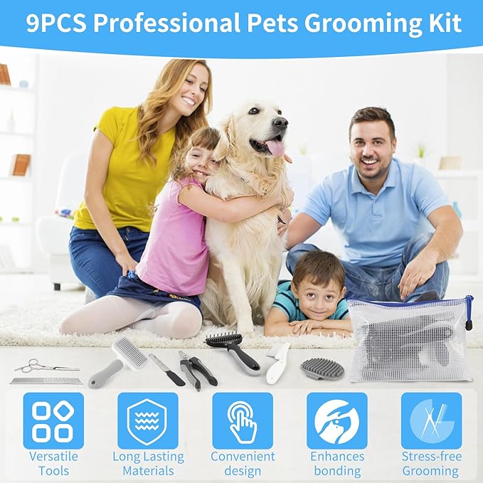 Cat Grooming Brush, 9PCS Dog Brush Kit with Pet Nail Clipper and File, Deshedding Brush for Cats, Cats Dog Shedding Brushs for Small Large Pets, Includes Flea Comb, Bath Brushs,Undercoat Rake (Grey)-Mewly Pet