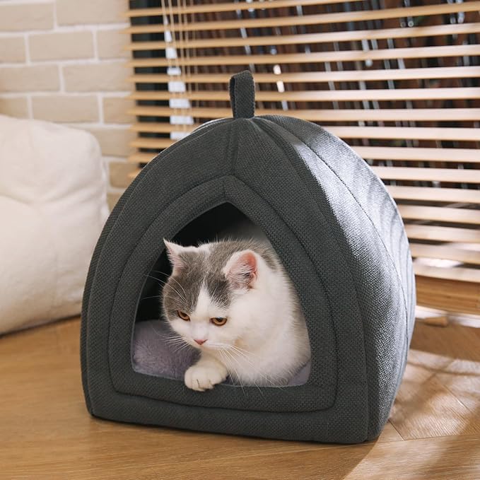 Amazon Basics Cat Cave Bed, 2-in-1 Foldable House for Indoor Cats, with Washable Cushion and Non-Slip Base, 17.5 x 17.5 Inches, Large-Mewly Pet