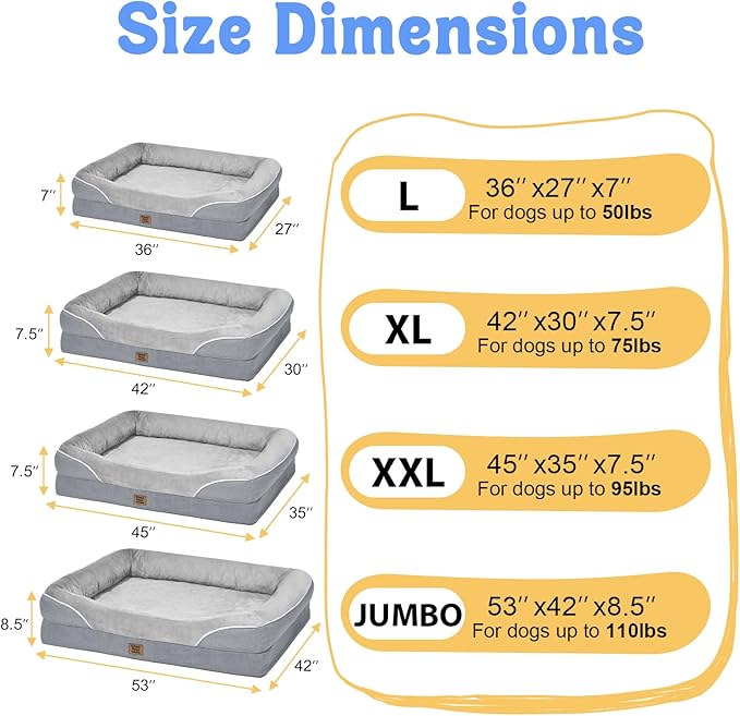 Orthopedic Washable Large Dog Bed - Egg Foam Dog Beds for Large and Medium Dogs Big Pet Beds with Removable Washable Cover and Bolster for Extra Large Dogs-Mewly Pet