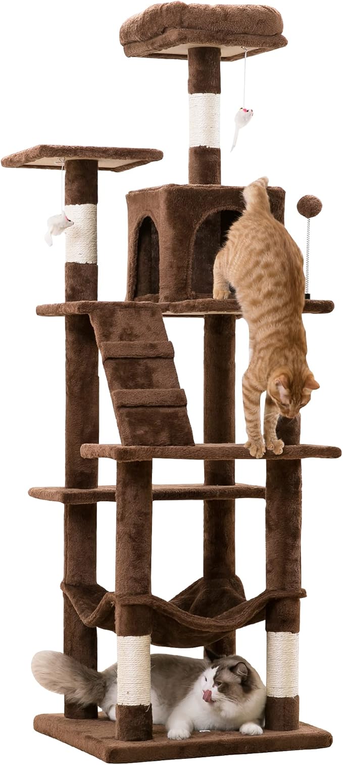 MWPO 63.8 inches Multi-Level Cat Tree for Large Cats with Sisal-Covered Scratching Posts, Padded Platform, Hammock and Condo,Stable Cat Tower Cat Condo Pet Play House (Brown)-Mewly Pet