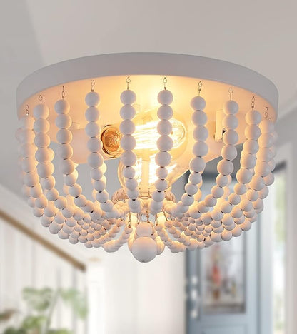 Q&S White Flush Mount Ceiling Light Fixtures,2-Lights Wood Beaded Boho Chandeliers for Nursery Baby Bedroom Dining Room Living Room Kitchen Hallway W11.81