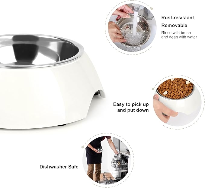 Elevated Dog Bowls Set - Non-Slip Raised Pet Feeder with Medium (10 oz) & Large (20 oz) Stainless Steel Bowls - Includes Durable Resin Stand for Puppies, Adult Dogs & Cats - White-Mewly Pet